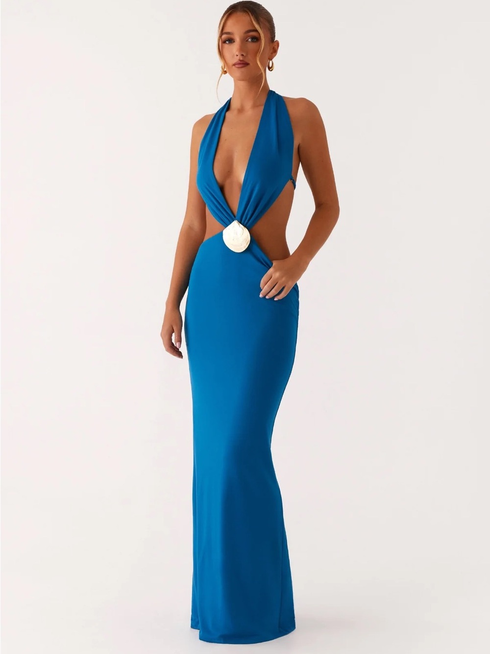 Peppermayo Flossy Teal-Blue Backless Plunge Maxi Dress